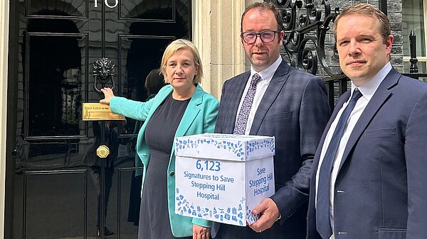 Lisa Smart MP, Cllr Mark Roberts & Tom Morrison MP delivering petition to Downing St
